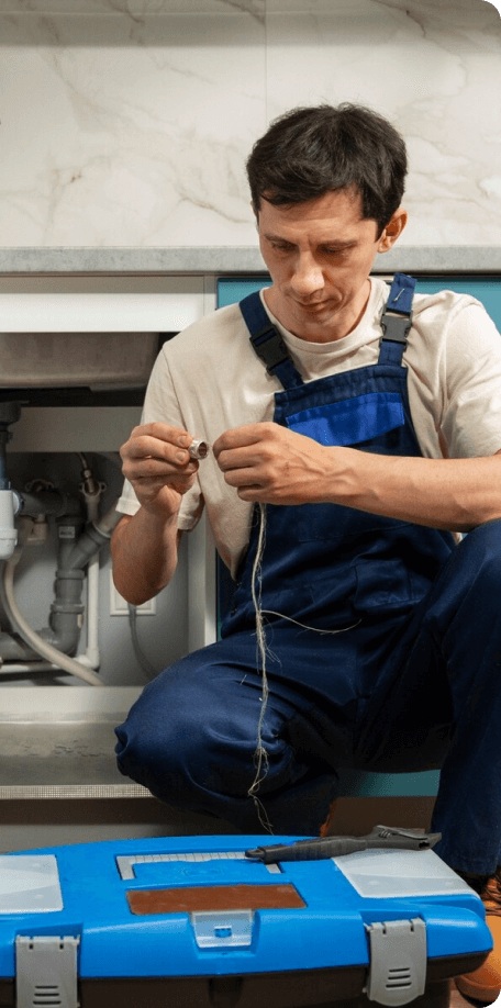 Plumber fixing pipe under sink with tools