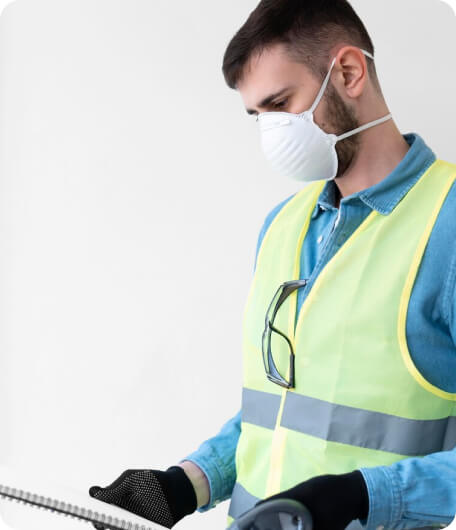 Worker in safety gear examining plans.